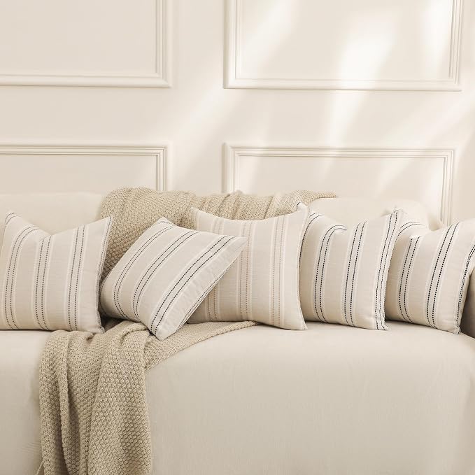 Hckot Throw Pillow Covers 16x16 Set of 2 Striped Pillow Covers Textured Linen - Image 5