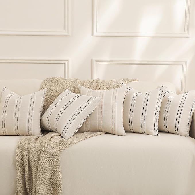 Hckot Decorative Navy Pillow Covers 18x18 Striped Throw Pillows Textured Linen - Image 6