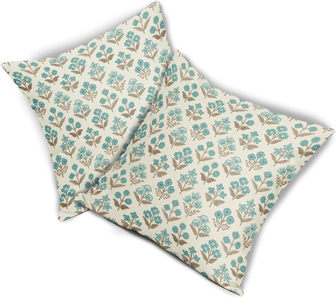 Brown Cyan Floral Pillow Covers 22x22 Inch Set of 2, Vintage Flower Block Print - Image 8