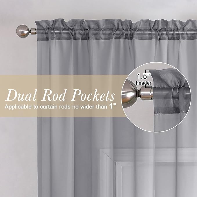 Lecloud Charcoal Grey Sheer Curtains 120 Inches Long 2 Pcs, Light Filtering Rod - Image 6