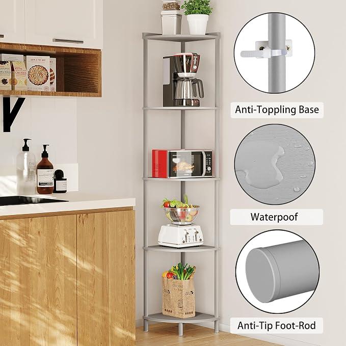 SUNMORY 5 Tier Corner Shelf Stand, Industrial 65" Corner Shelves Display Shelf - Image 3