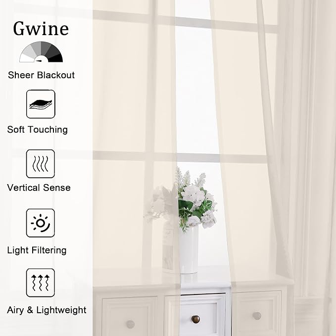 Gwine Extra Long Cream Sheer Curtains 120 Inches Long 2 Panels Set, Voile Light - Image 2