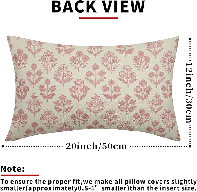 Pink Floral Pillow Covers 12x20 Inch Set of 2, Block Print Lumbar Flower Cream - Image 3