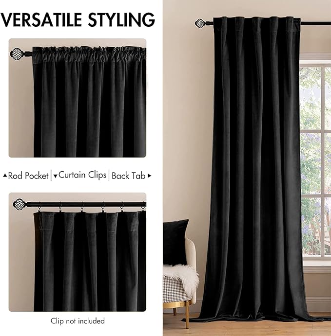 MIULEE Black Velvet Curtains 90 inches 2 Panels - Image 2