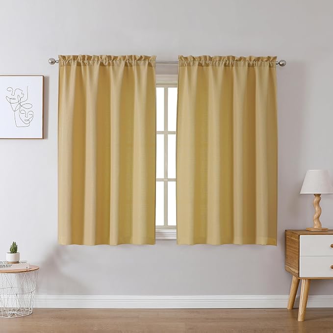 Chyhomenyc Gold Curtains 45 Inch Length 2 Panels, Faux Linen Textured Semi by Chyhomenyc