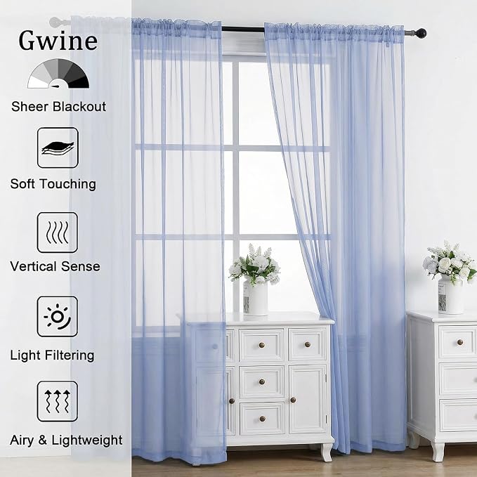 Gwine Denim Blue Sheer Curtains 84 Inches Long 2 Panels Set - Image 2
