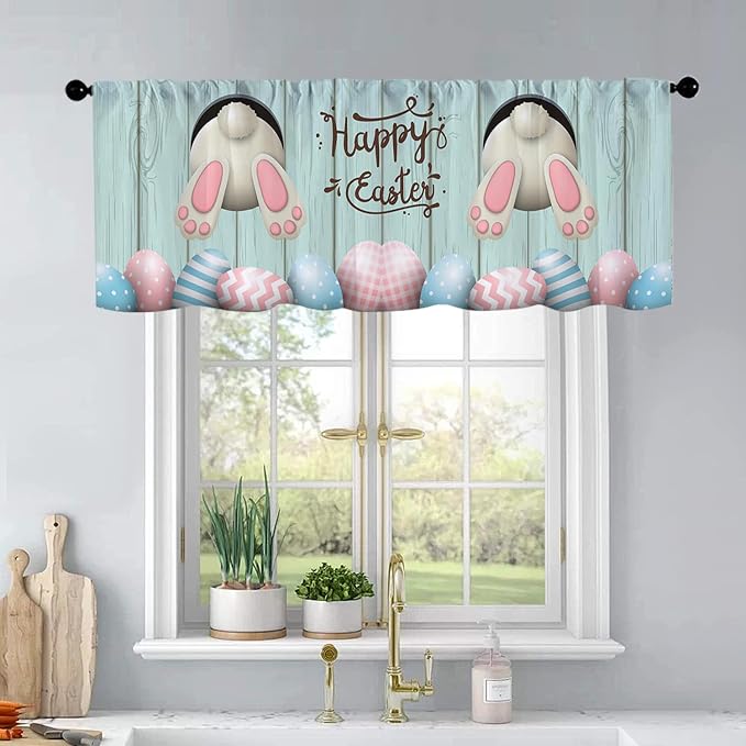 Happy Easter Jumping Bunny Kitchen Curtains Easter Egg Holiday by BrilliStar