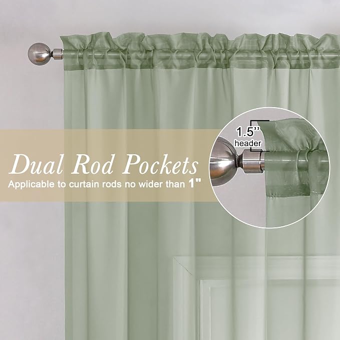 Lecloud Sage Green Sheer Curtains 18 Inch Length 2 Pcs, Cafe Kitchen Curtains - Image 2