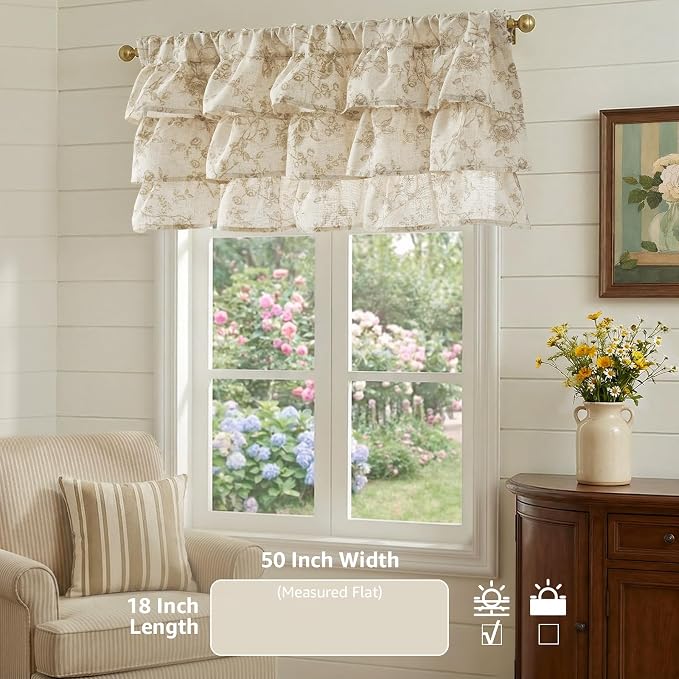 jinchan Amlie Ruffled Floral Valance Curtain Shabby Chic Linen Kitchen Valance - Image 3