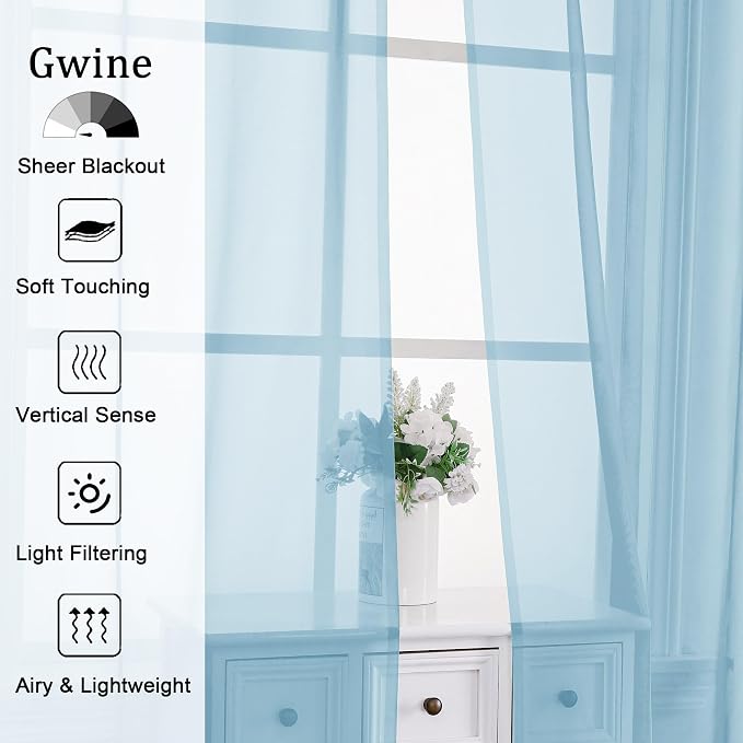 Gwine Sky Blue Sheer Kitchen Curtains 36 Inch Length, Light Filtering Voile - Image 2