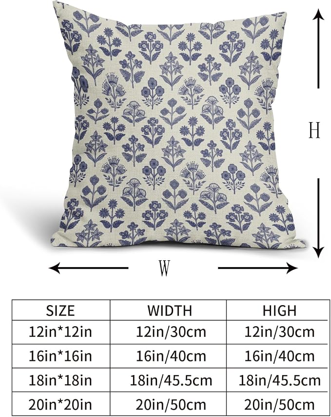 Navy Blue Floral Pillow Covers 18x18 Inch Set of 2, Vintage Flower Block Print - Image 5