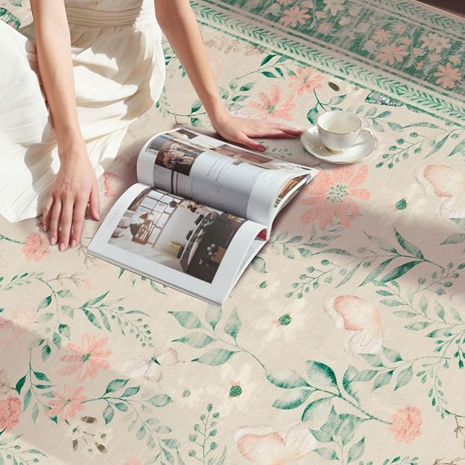 Rugxara Green Floral Rug for Living Room Bedroom, 5x7 Washable Rug, Vintage - Image 4