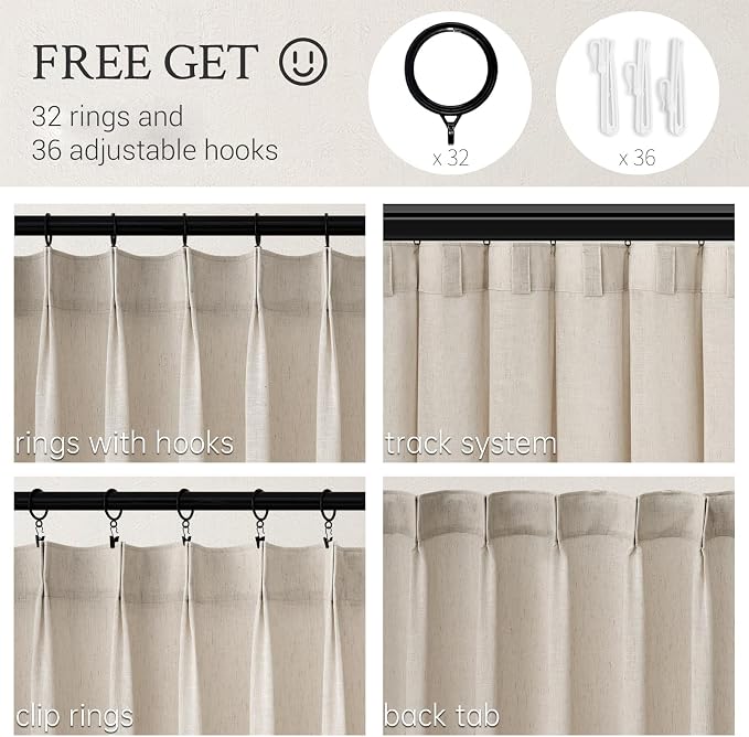 Topfinel 108 Inch Pinch Pleated Linen Curtains 2 Panels, Oatmeal Semi Sheer - Image 2