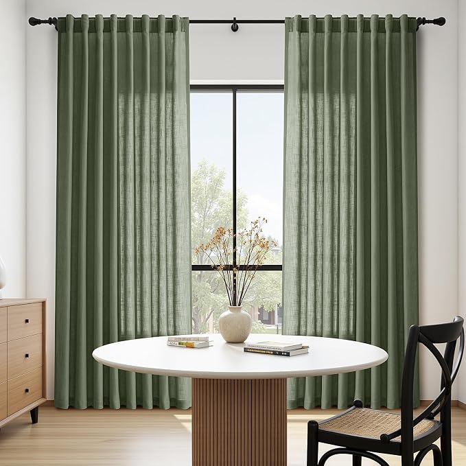 Nanspring Olive Green Linen Sheer Curtains 90 Inch Length 2 Panel Set Back Tab - Image 8