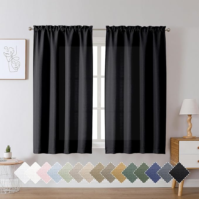 Chyhomenyc Black Curtains 45 Inch Length 2 Panels, Faux Linen Textured Semi - Image 2