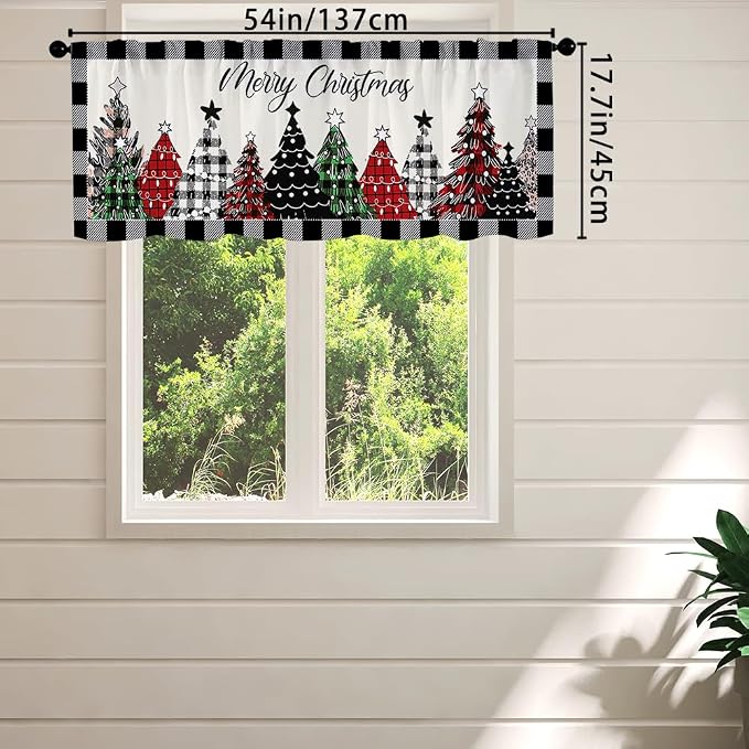 Christmas Kitchen Curtains Black and White Buffalo Plaid Christmas Tree Windows - Image 3