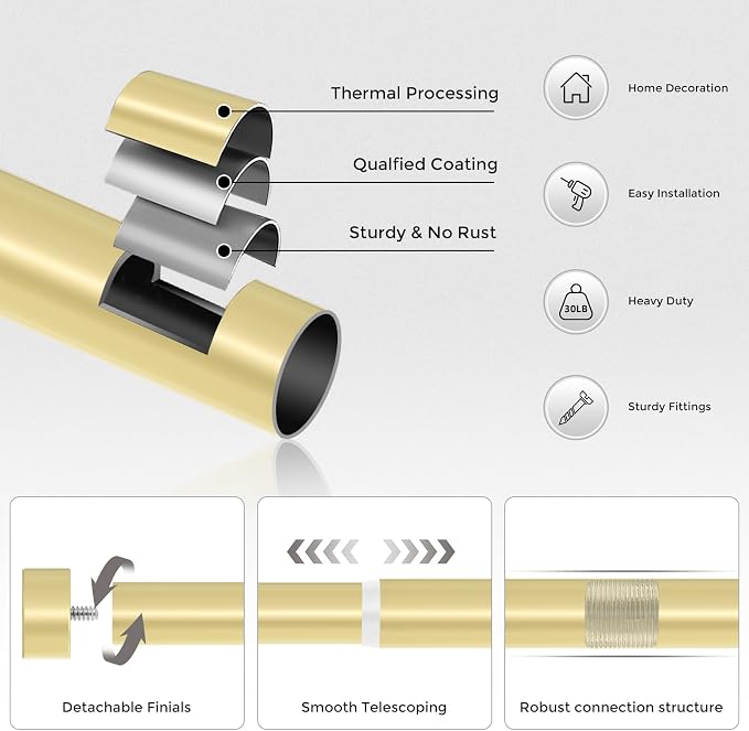 VOIIY Gold Curtain Rods for Windows 72 to 144 Inch, Size:36-144 Inch - Image 7