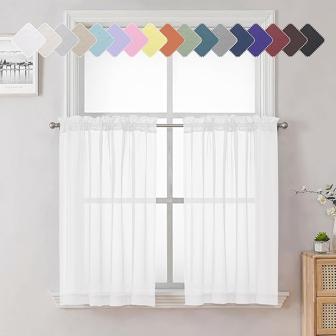 Lecloud 36 Inch White Sheer Curtains Tiers 2 PCS by Lecloud
