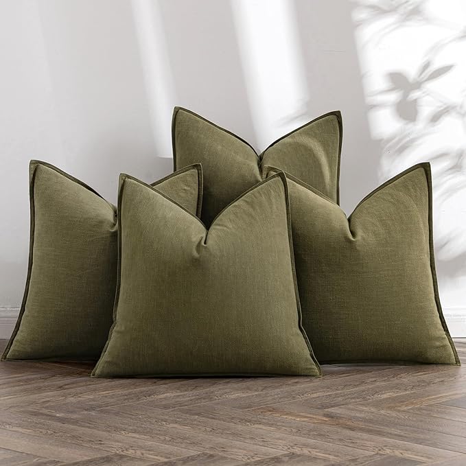 MIULEE Olive Green Linen Pillow Covers Pack of 4 Decorative Natural Solid Throw by MIULEE