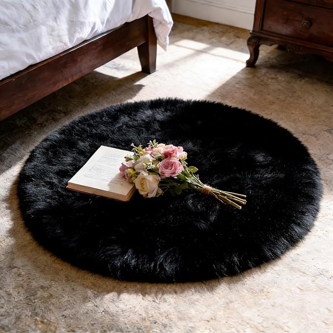 Ultra Soft Faux Fur Rug, Fluffy Shaggy 3ft Round Area Rug by TUOTPE