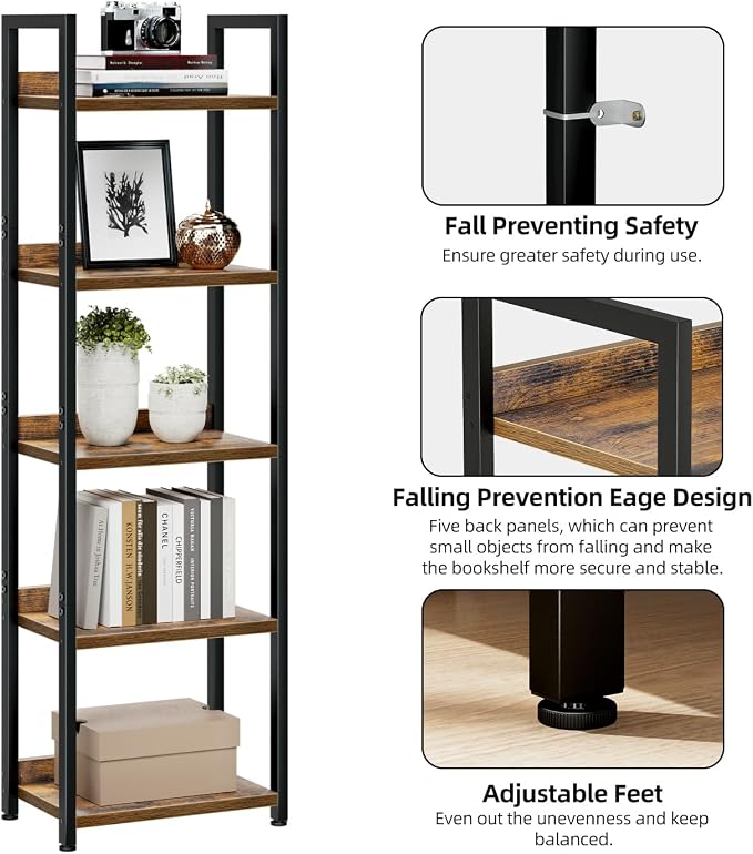 NUMENN Narrow Bookshelf, 5 Tier Bookshelves, Home Office Bookcase Shelf Storage - Image 5