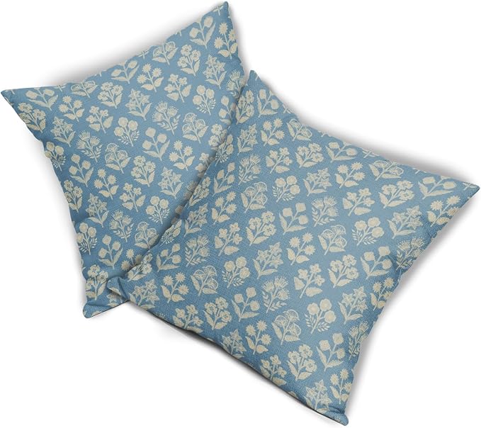 Light Blue Floral Pillow Covers 22x22 Inch Set of 2, Vintage Flower Block Print - Image 8