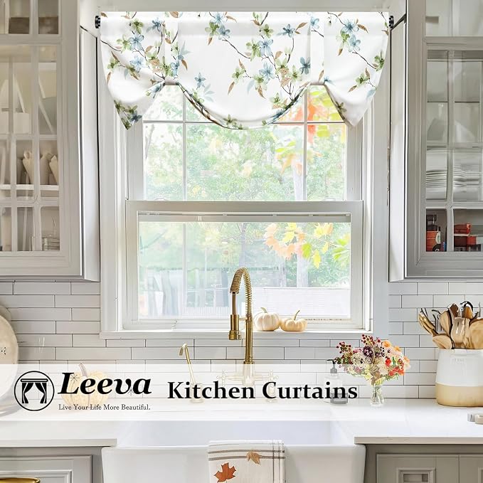 Leeva Tie-up Curtain Valances for Bedroom, Rustic Blue & Green Flower Privacy - Image 2