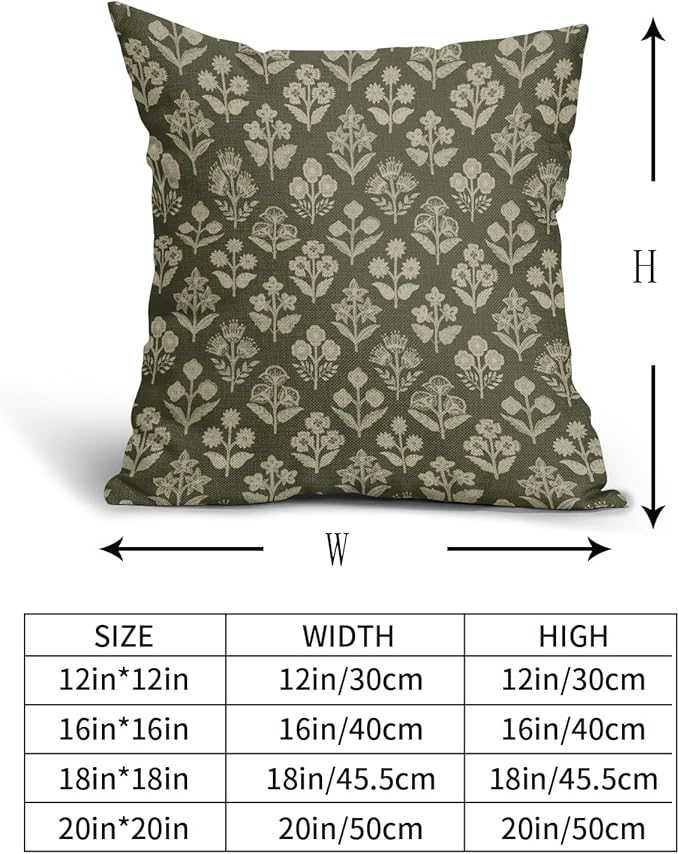 Olive Green Pillow Covers 24x24 Inch Set of 2, Vintage Flower Block Print - Image 5