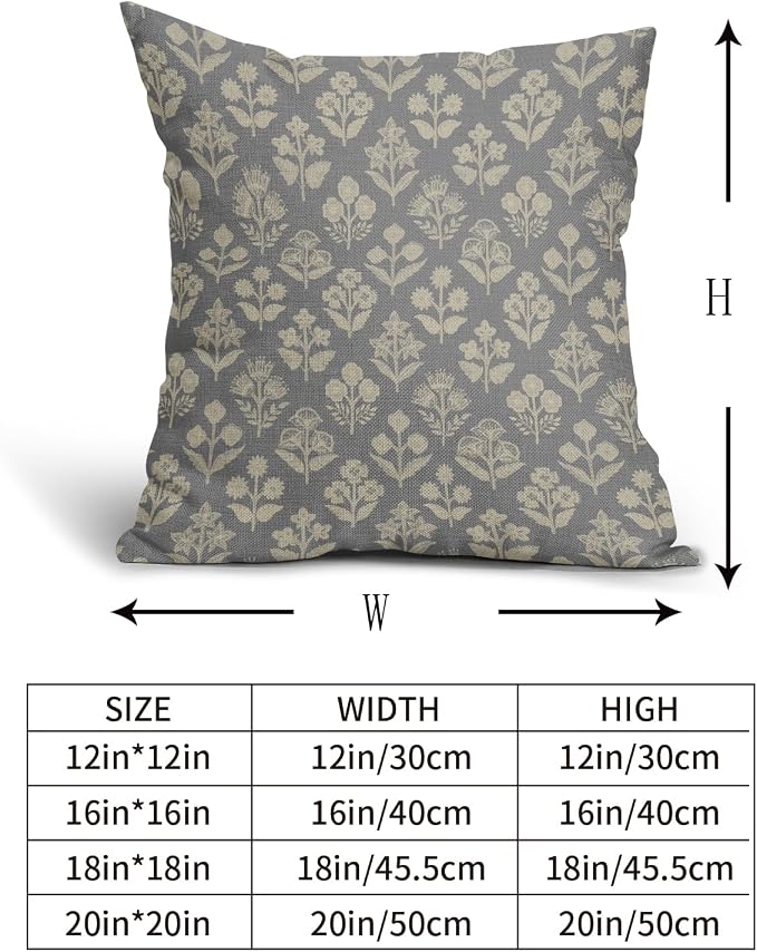 Grey Gray Floral Block Print Pillow Covers 20x20 Inch Set of 2, Vintage Flower - Image 5