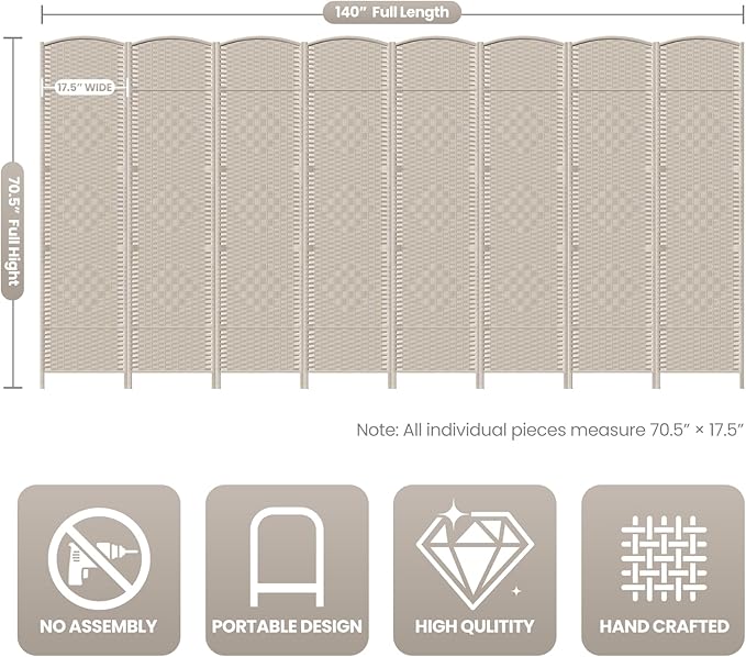 8 Panel Room Divider, 6Ft Folding Privacy Screen, Tall - Image 3