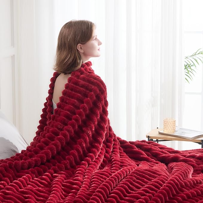 NEWCOSPLAY Super Soft King Blanket Red Premium Silky Flannel Fleece 3D Ribbed - Image 3