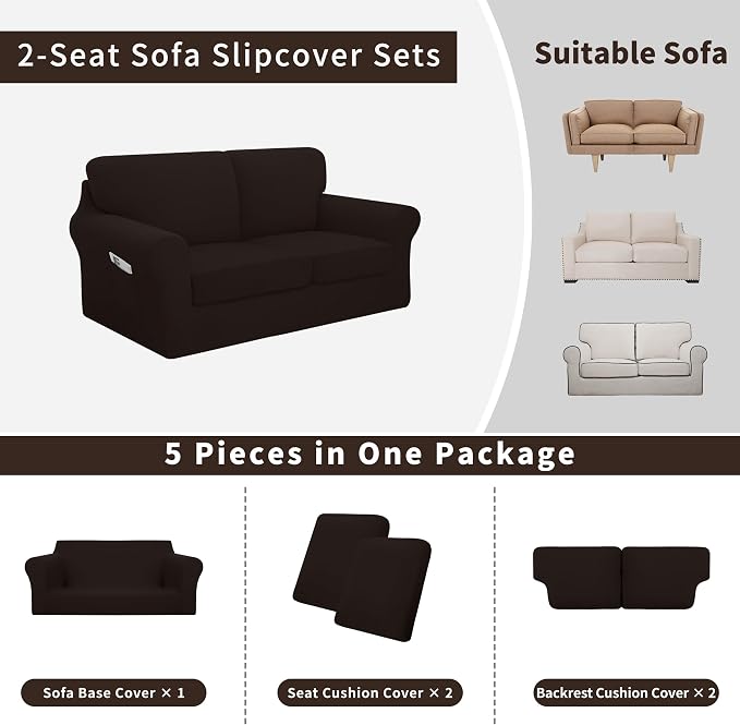 Easy-Going 5 Pieces Stretch Loveseat Cover Washable Loveseat Slipcover Set - Image 3