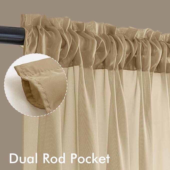 MIULEE Beige Sheer Curtains 63 Inches Long, 4 Panels Set, Rod Pocket Voile - Image 3