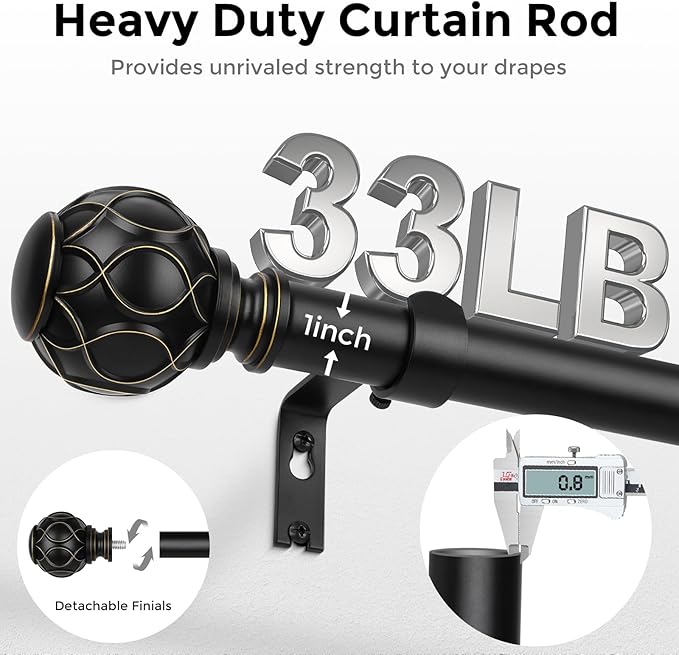 Black Curtain Rod, Heavy Duty 1 Inch Decorative Curtain Rods - Image 3