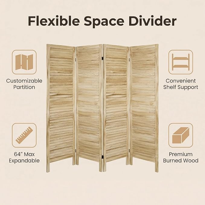 Bluecat 4 Panel Room Divider, Freestanding Solid Wood Partition Wall - Image 5