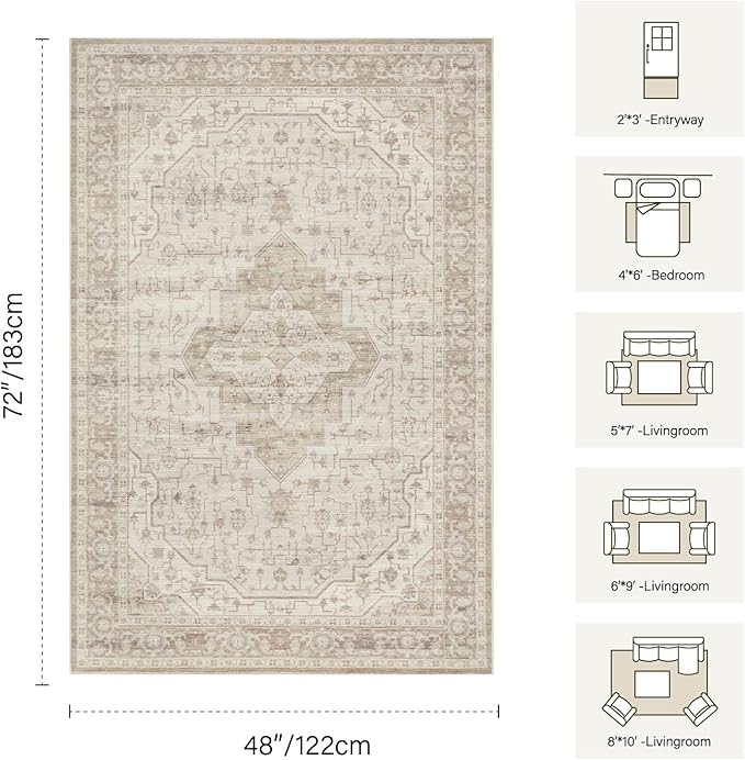 Rugxara Washable Area Rug for Living Room, Vintage Neutral Boho Rugs for Office - Image 2