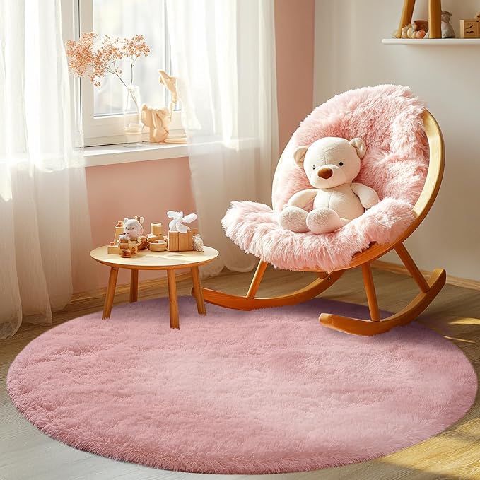 Blush Round 4x4ft Fluffy Rug: Ultra Soft Furry Girls Bedroom Carpet- Circle - Image 4