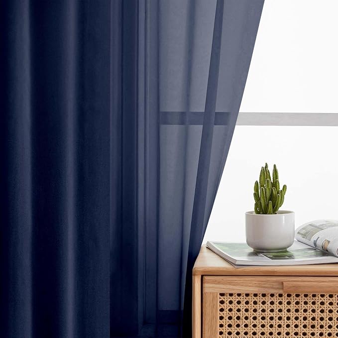 Navy Blue Sheer Curtains for Bedroom Living Room 96 Inches Long 2 Panels - Image 3