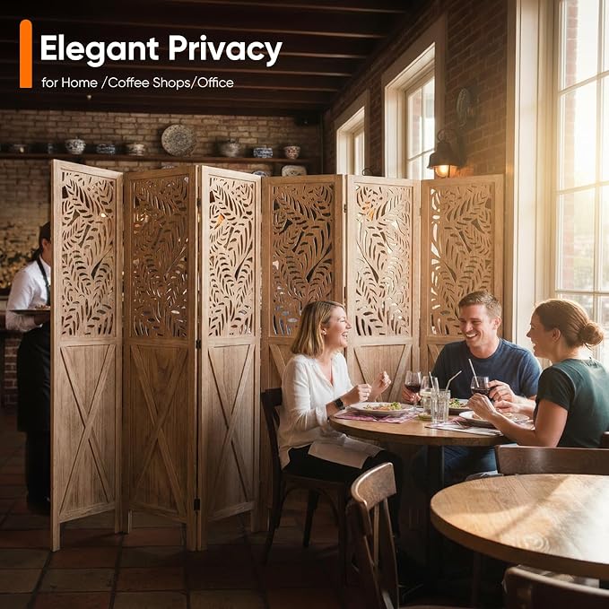 Boho Room Divider with Leaves Carving, 6-Panel Openwork Wood Screen, Decorative - Image 4