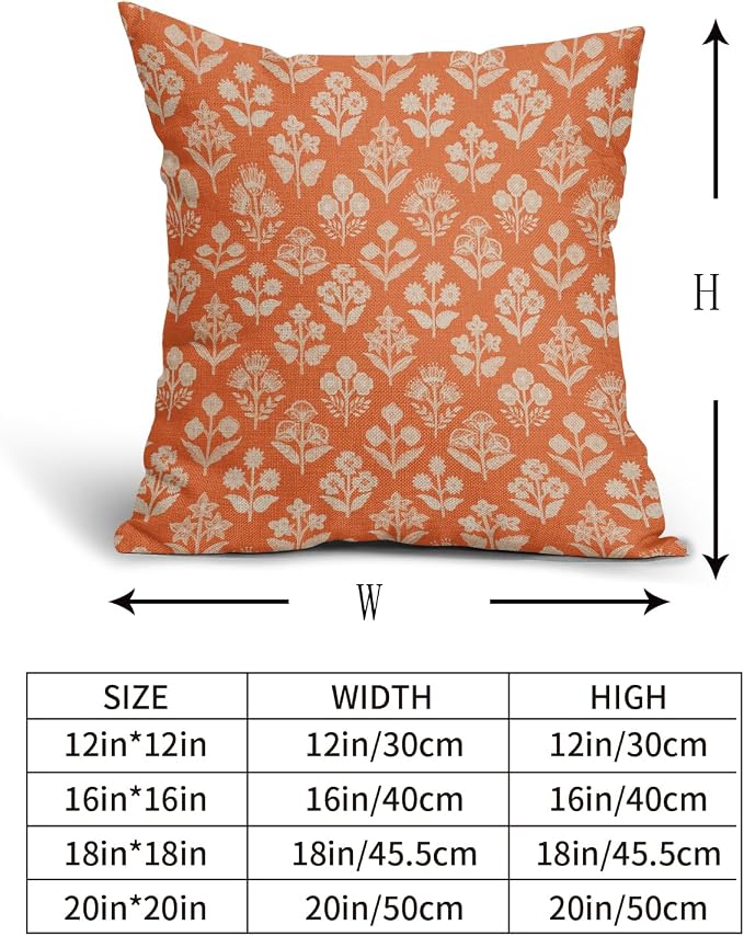 Orange Floral Pillow Covers 22x22 Inch Set of 2, Vintage Flower Block Print - Image 5