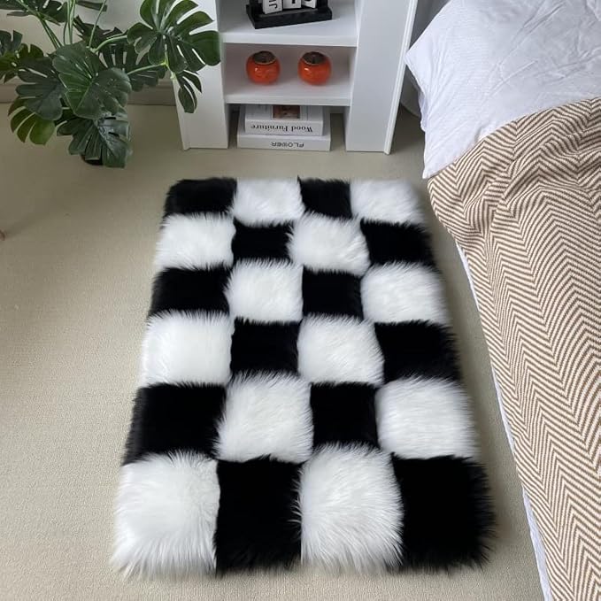Fluffy Faux Fur Black and White Checkered Rug，Small Area Rug, 2x4 Ft Ultra Soft - Image 2