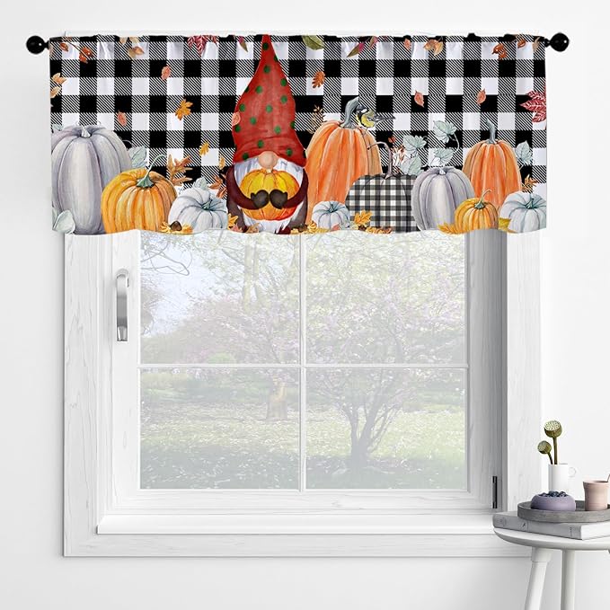 Fall Pumpkin Kitchen Curtains Thanksgiving Day Buffalo Plaid Design - Image 2