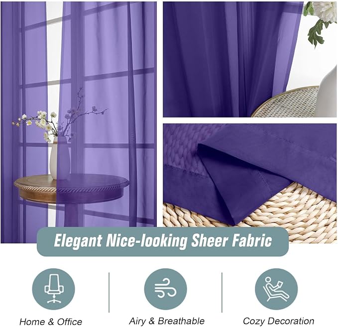 Purple Sheer Curtains for Window 96 Inches Long 2 Panels Set, Soft Airy Light - Image 4