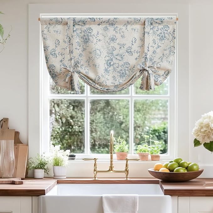 jinchan Tie Up Curtain Double Layer Linen Roman Shades Valance Curtain Floral - Image 2