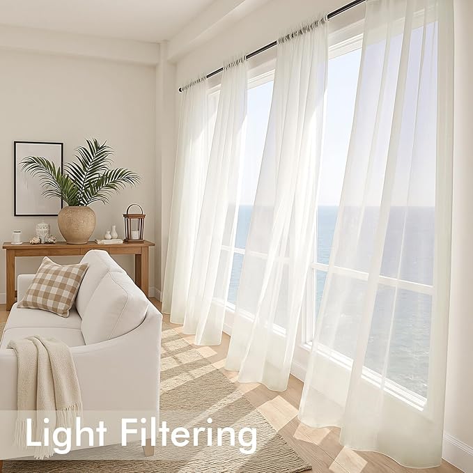 MIULEE Ivory Sheer Curtains 63 Inches Long, 4 Panels Set, Light Filtering Rod - Image 4