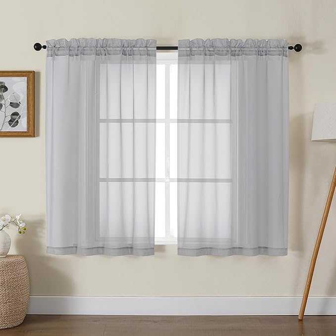 Gwine Light Grey Sheer Kitchen Curtains 36 Inch Length, Light Filtering Voile by Gwine