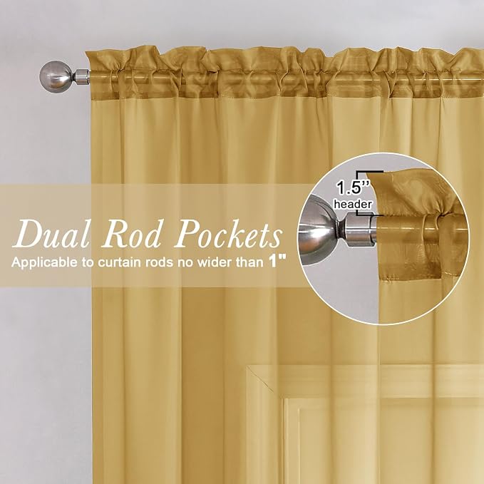 Lecloud Gold Sheer Curtains 90 Inches Long 2 Panels Set, Living Room Curtains - Image 6