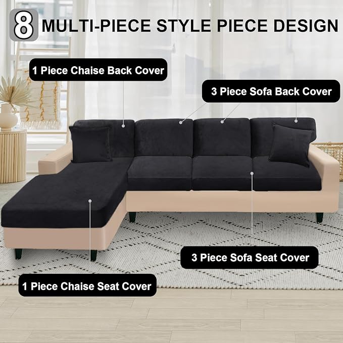 NAISI Sectional Couch Covers 8 Pieces Velvet Couch Cushion Covers L Shape Soft - Image 5