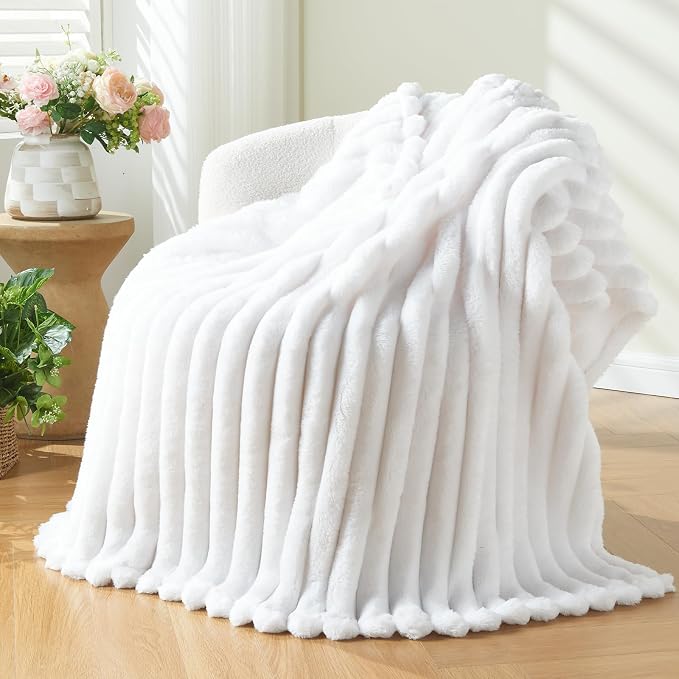 NEWCOSPLAY Super Soft King Blanket White Premium Silky Flannel Fleece 3D Ribbed - Image 7