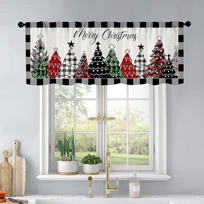 Christmas Kitchen Curtains Black and White Buffalo Plaid Christmas Tree Windows by BrilliStar